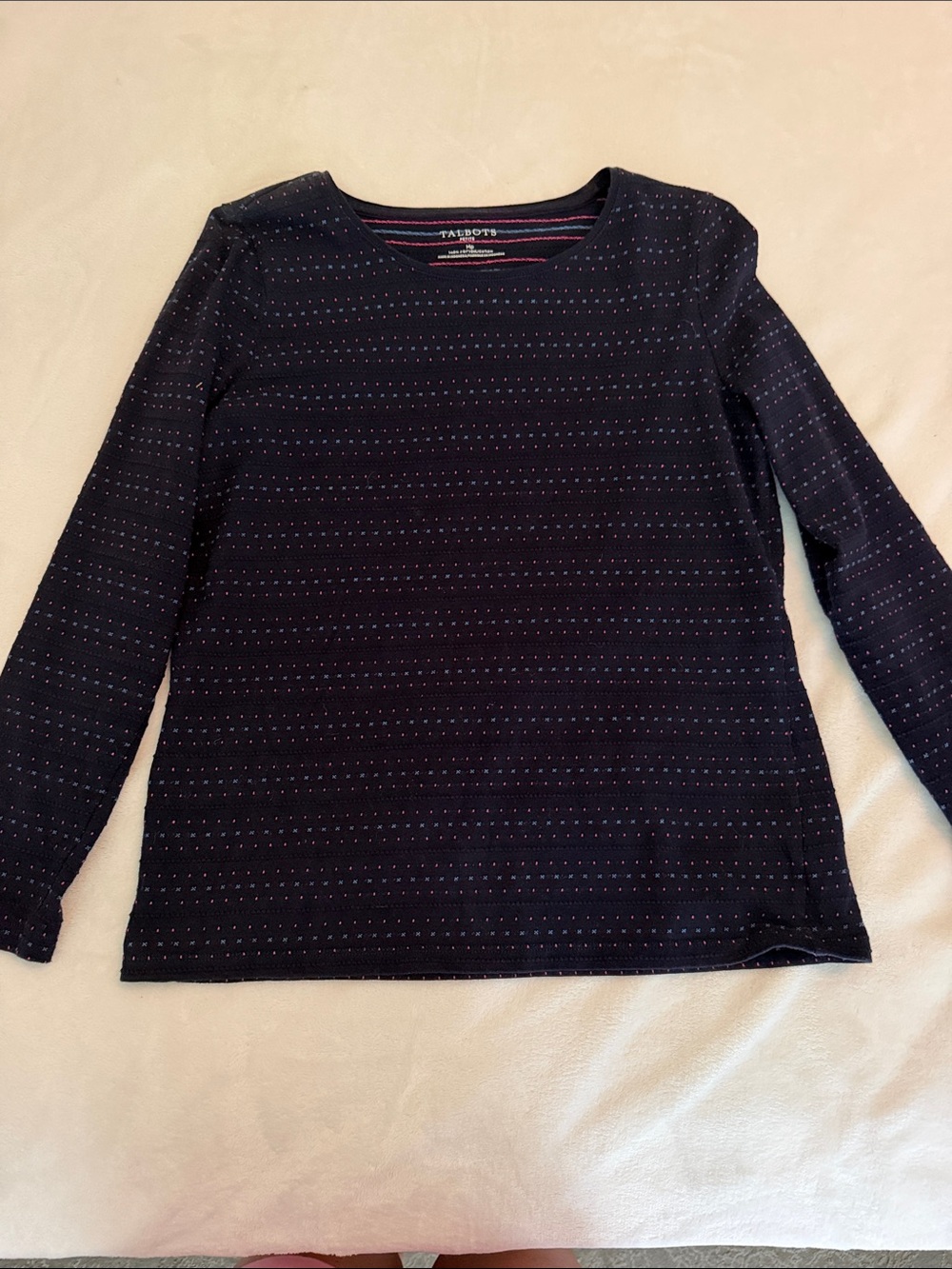 Talbots Navy Long Sleeve Tee with Micro Dot Pattern